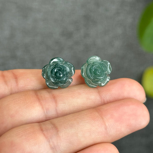 Natural Water Green Jadeite Jade Peony Flower  Earrings in Silver Setting