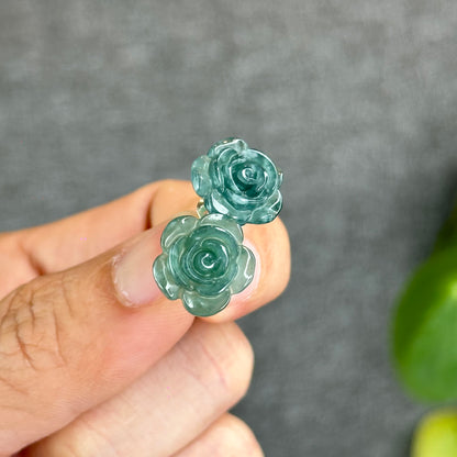Natural Water Green Jadeite Jade Peony Flower  Earrings in Silver Setting