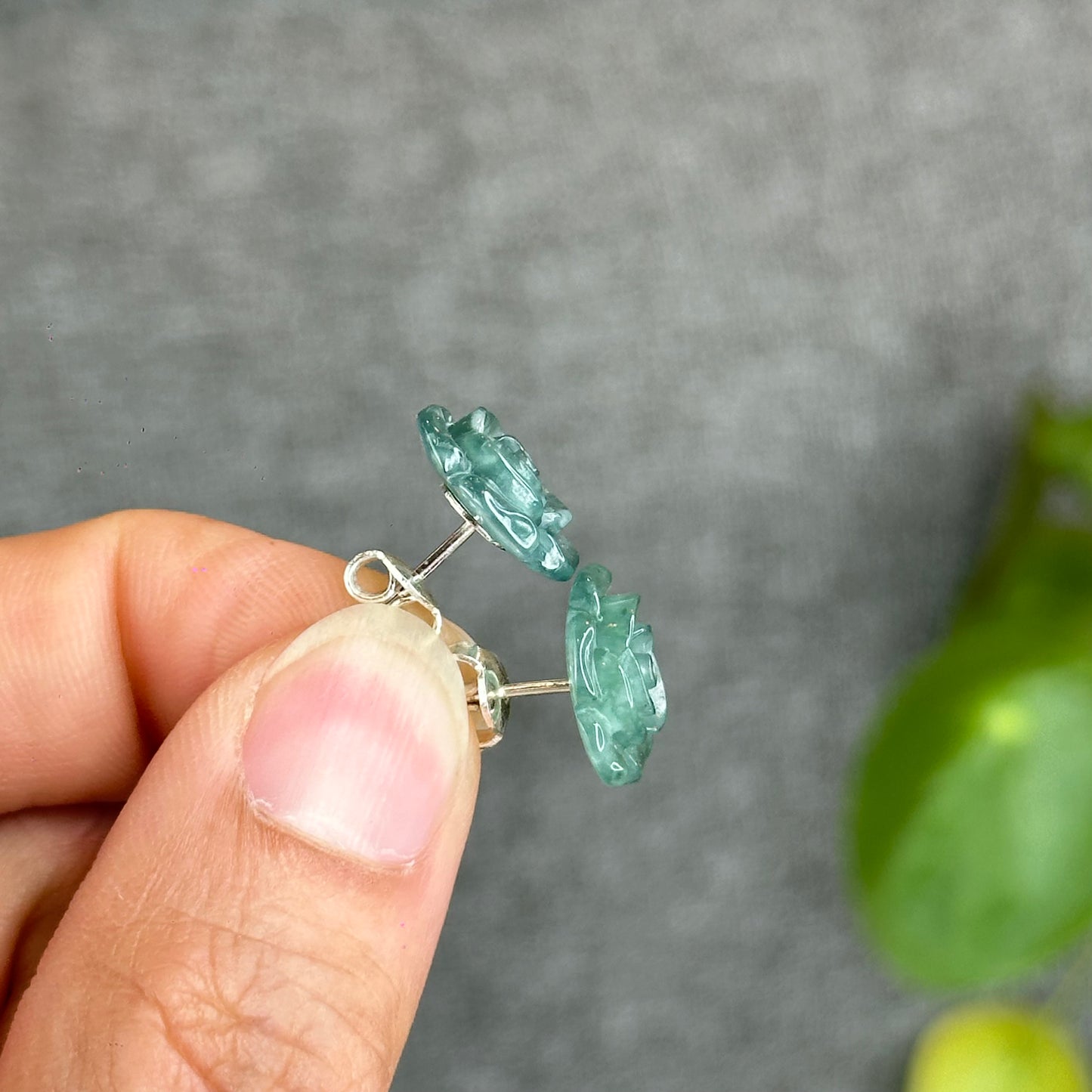 Natural Water Green Jadeite Jade Peony Flower  Earrings in Silver Setting