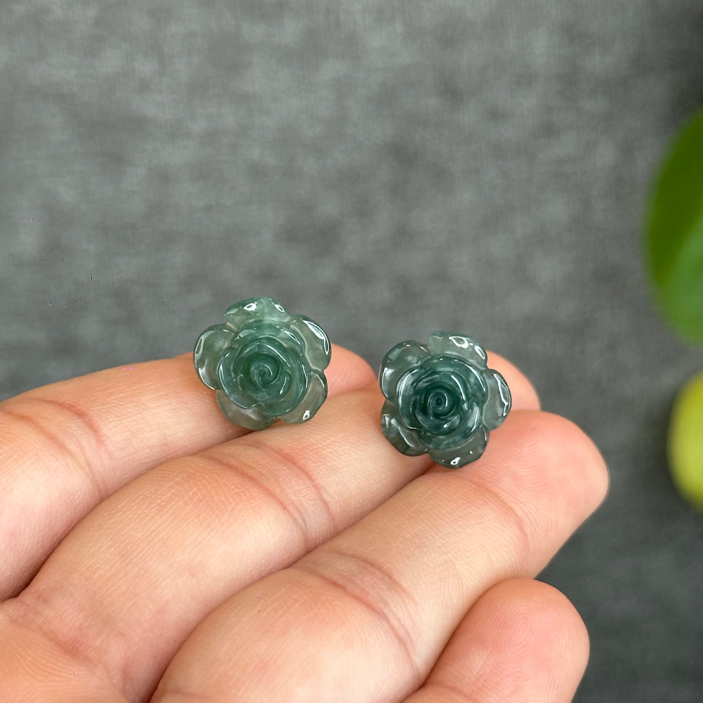 Natural Water Green Jadeite Jade Peony Flower  Earrings in Silver Setting