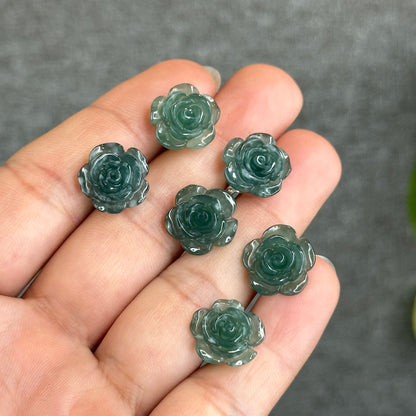 Natural Water Green Jadeite Jade Peony Flower  Earrings in Silver Setting