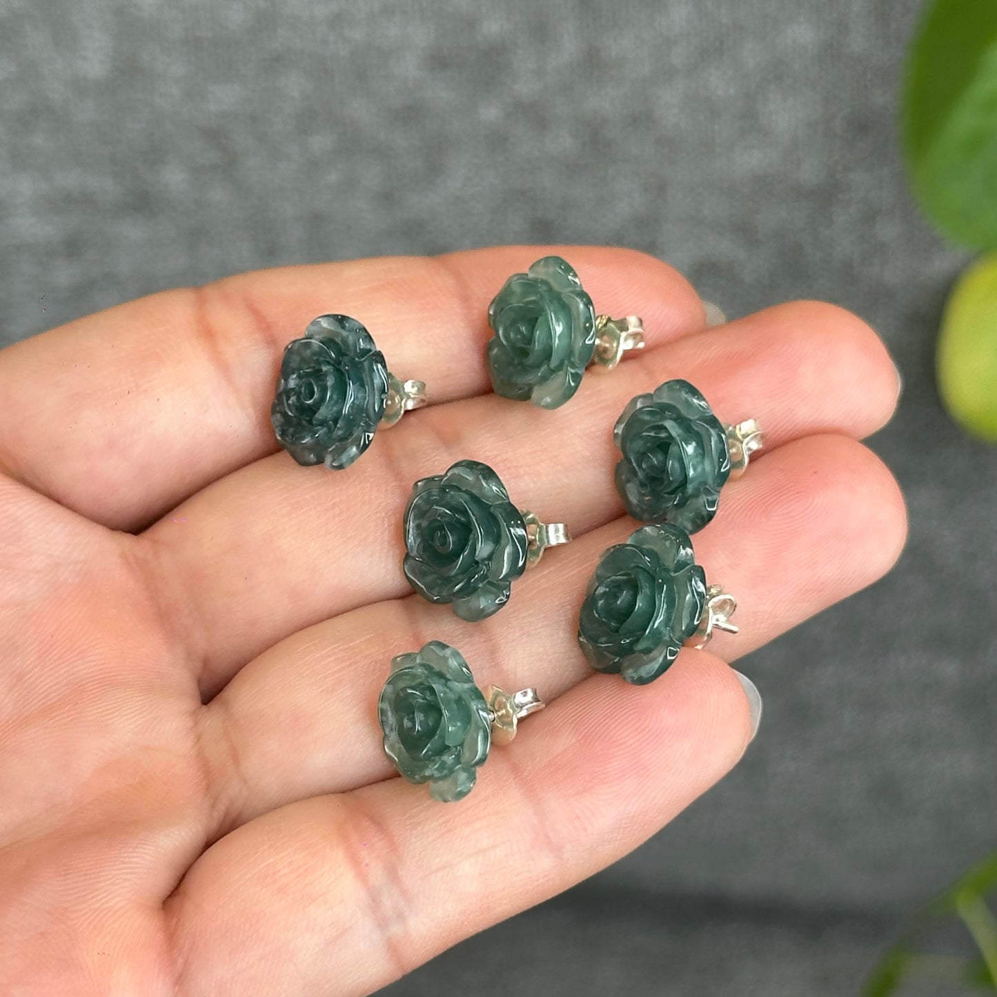 Natural Water Green Jadeite Jade Peony Flower  Earrings in Silver Setting