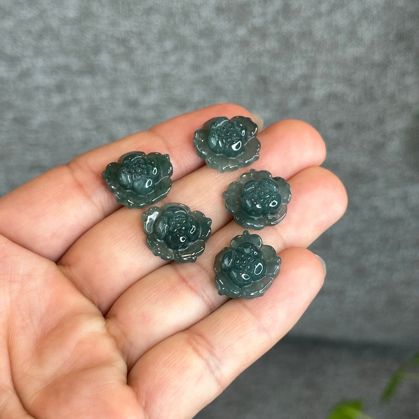 Natural Water Green Jadeite Jade  Peony Flower Charm