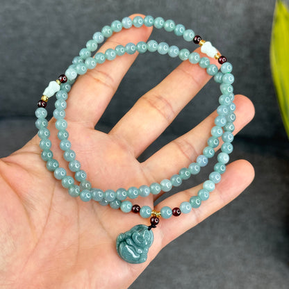 Natural Water Green Jadeite Jade Necklace mixed with Garnet and Happy Buddha Jadeite Jade Beads Size 6 mm