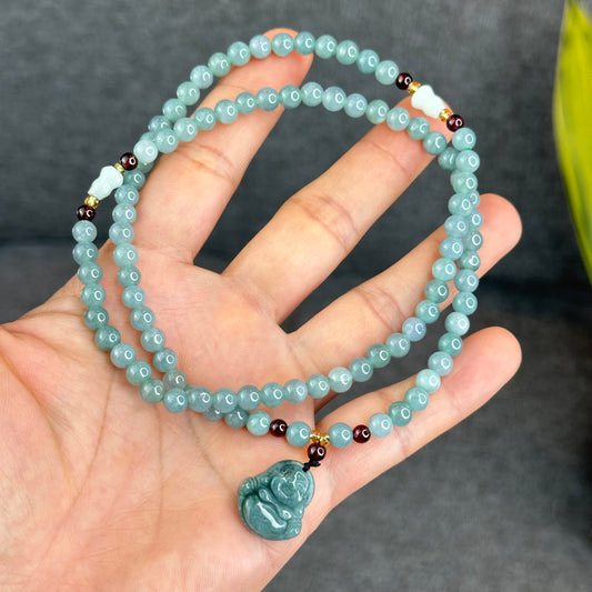 Natural Water Green Jadeite Jade Necklace mixed with Garnet and Happy Buddha Jadeite Jade Beads Size 6 mm