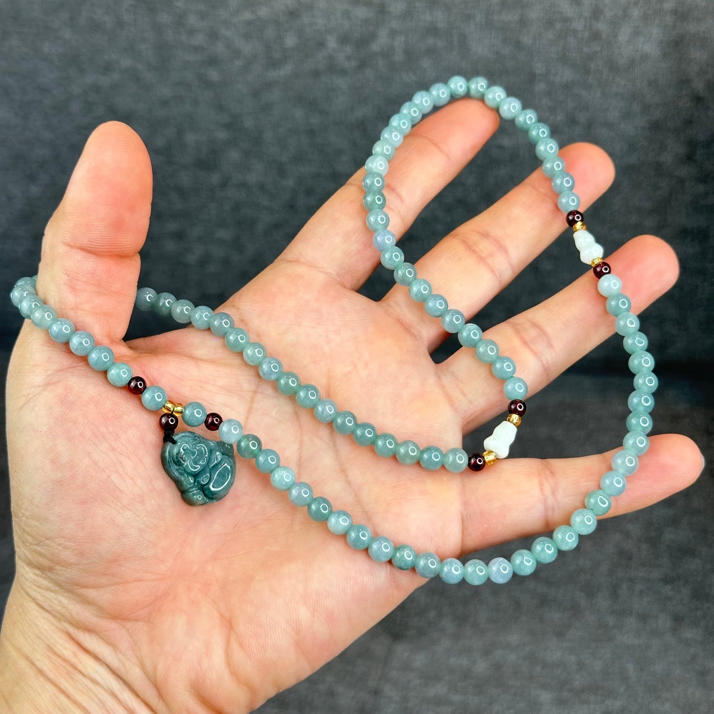 Natural Water Green Jadeite Jade Necklace mixed with Garnet and Happy Buddha Jadeite Jade Beads Size 6 mm