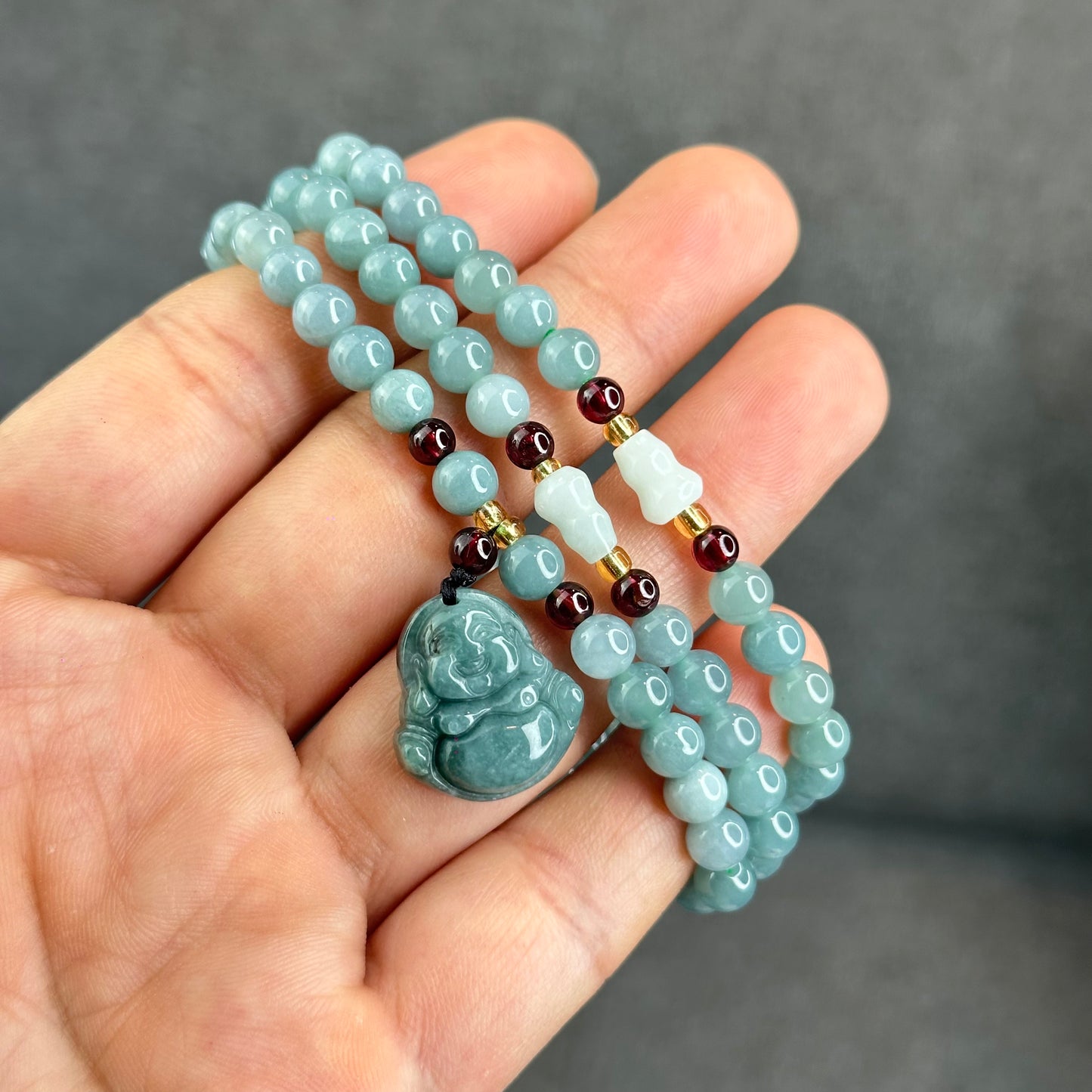 Natural Water Green Jadeite Jade Necklace mixed with Garnet and Happy Buddha Jadeite Jade Beads Size 6 mm