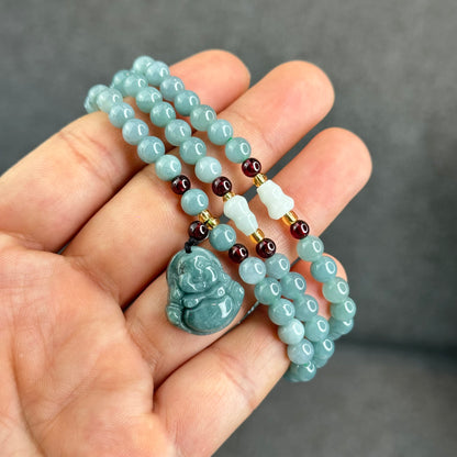 Natural Water Green Jadeite Jade Necklace mixed with Garnet and Happy Buddha Jadeite Jade Beads Size 6 mm