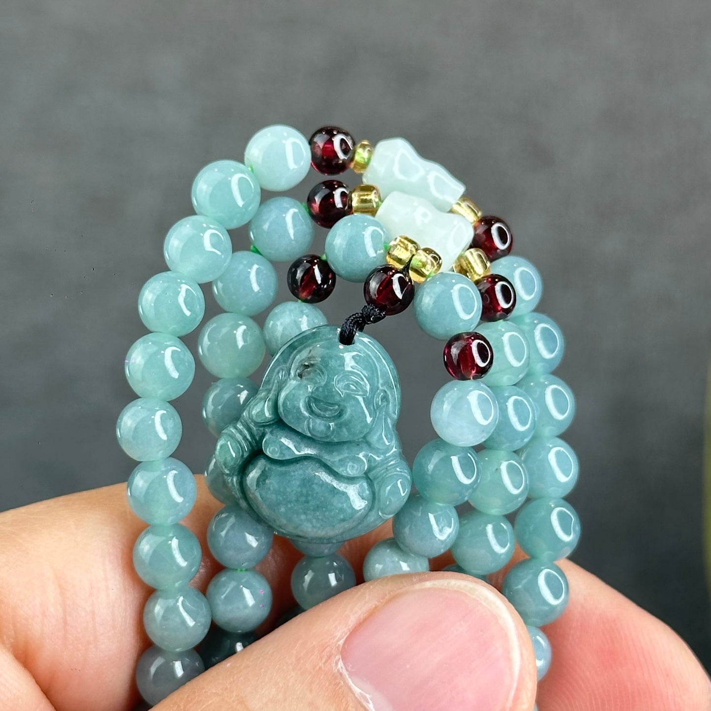 Natural Water Green Jadeite Jade Necklace mixed with Garnet and Happy Buddha Jadeite Jade Beads Size 6 mm