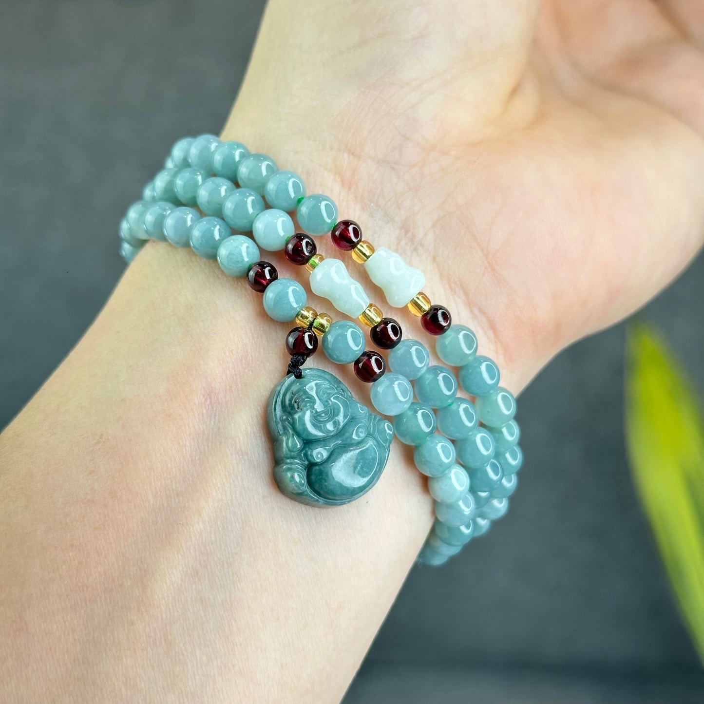 Natural Water Green Jadeite Jade Necklace mixed with Garnet and Happy Buddha Jadeite Jade Beads Size 6 mm