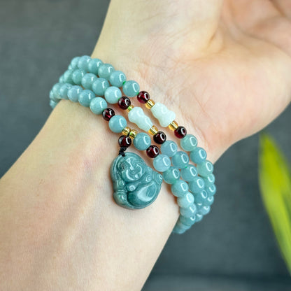 Natural Water Green Jadeite Jade Necklace mixed with Garnet and Happy Buddha Jadeite Jade Beads Size 6 mm