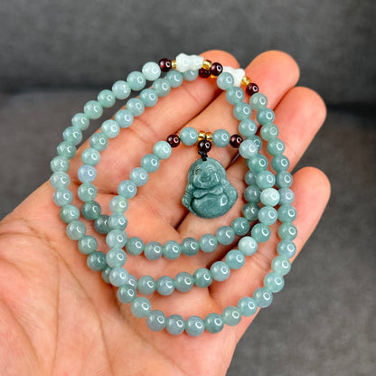 Natural Water Green Jadeite Jade Necklace mixed with Garnet and Happy Buddha Jadeite Jade Beads Size 6 mm