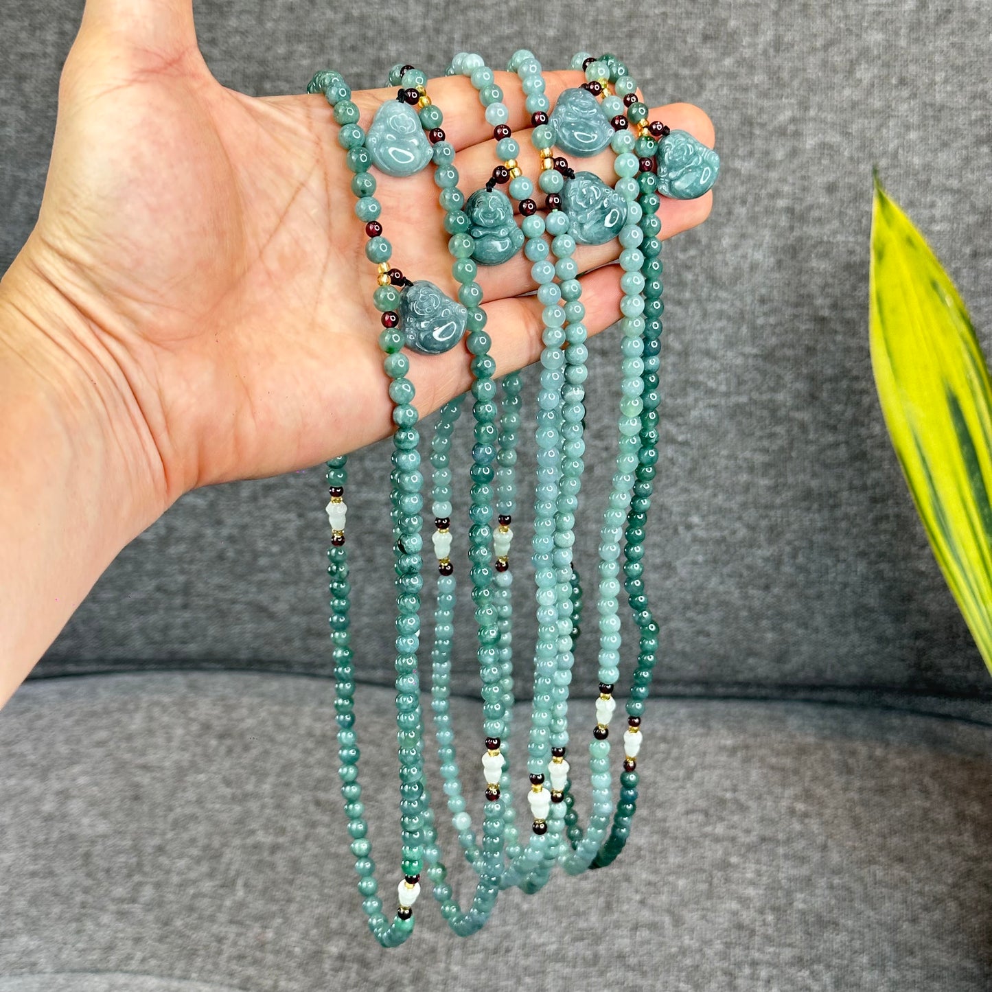 Natural Water Green Jadeite Jade Necklace mixed with Garnet and Happy Buddha Jadeite Jade Beads Size 6 mm