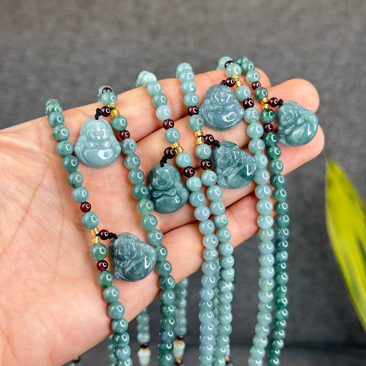 Natural Water Green Jadeite Jade Necklace mixed with Garnet and Happy Buddha Jadeite Jade Beads Size 6 mm