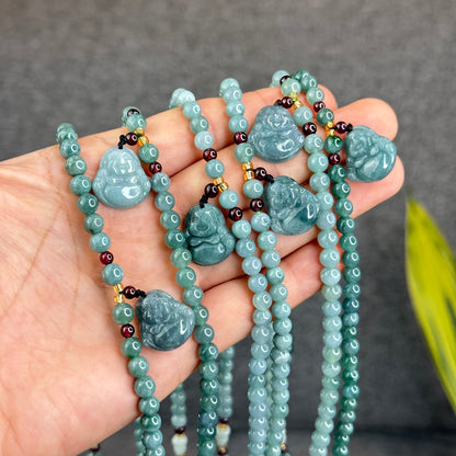 Natural Water Green Jadeite Jade Necklace mixed with Garnet and Happy Buddha Jadeite Jade Beads Size 6 mm