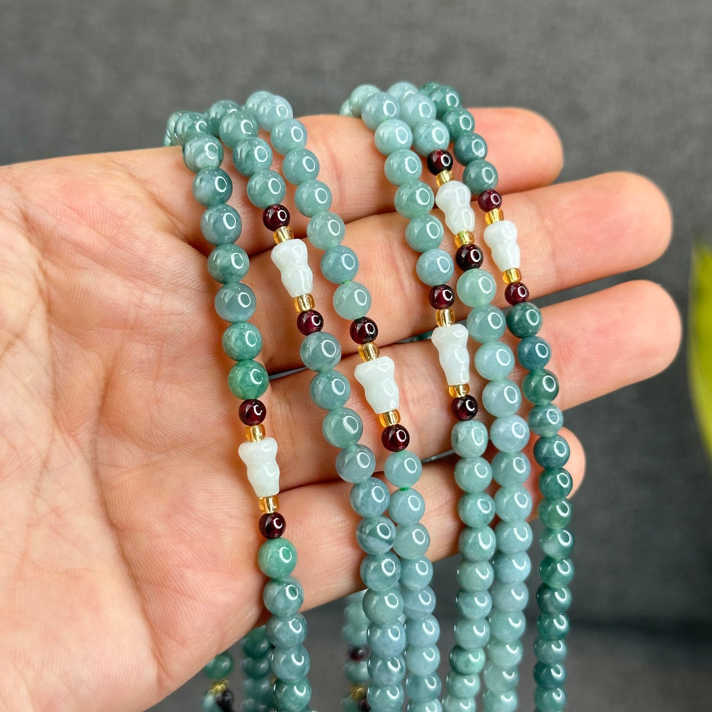 Natural Water Green Jadeite Jade Necklace mixed with Garnet and Happy Buddha Jadeite Jade Beads Size 6 mm