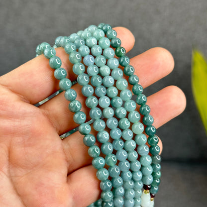 Natural Water Green Jadeite Jade Necklace mixed with Garnet and Happy Buddha Jadeite Jade Beads Size 6 mm