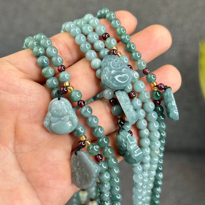 Natural Water Green Jadeite Jade Necklace mixed with Garnet and Happy Buddha Jadeite Jade Beads Size 6 mm