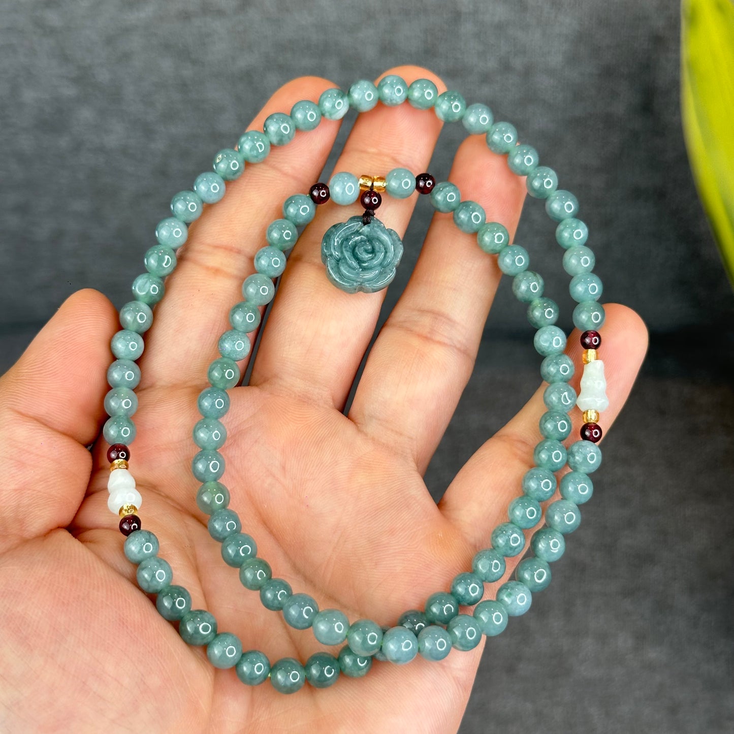 Natural Water Green Jadeite Jade Necklace mixed with Garnet and Flower Jadeite Jade Beads Size 6 mm