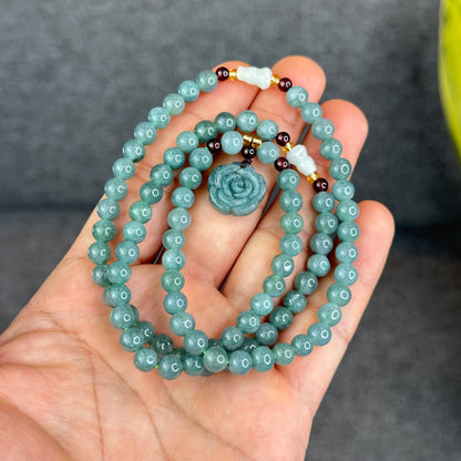 Natural Water Green Jadeite Jade Necklace mixed with Garnet and Flower Jadeite Jade Beads Size 6 mm
