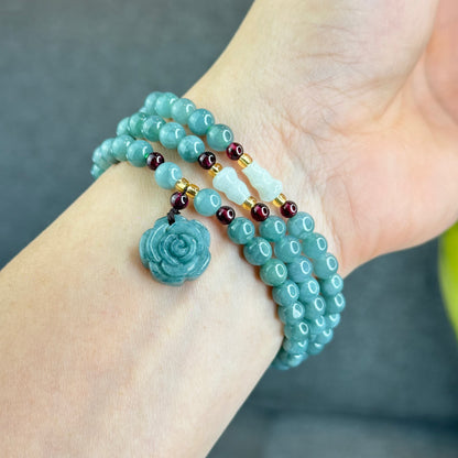 Natural Water Green Jadeite Jade Necklace mixed with Garnet and Flower Jadeite Jade Beads Size 6 mm