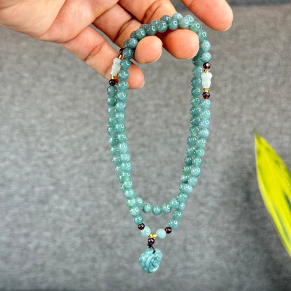 Natural Water Green Jadeite Jade Necklace mixed with Garnet and Flower Jadeite Jade Beads Size 6 mm