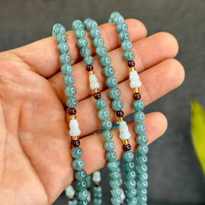 Natural Water Green Jadeite Jade Necklace mixed with Garnet and Flower Jadeite Jade Beads Size 6 mm