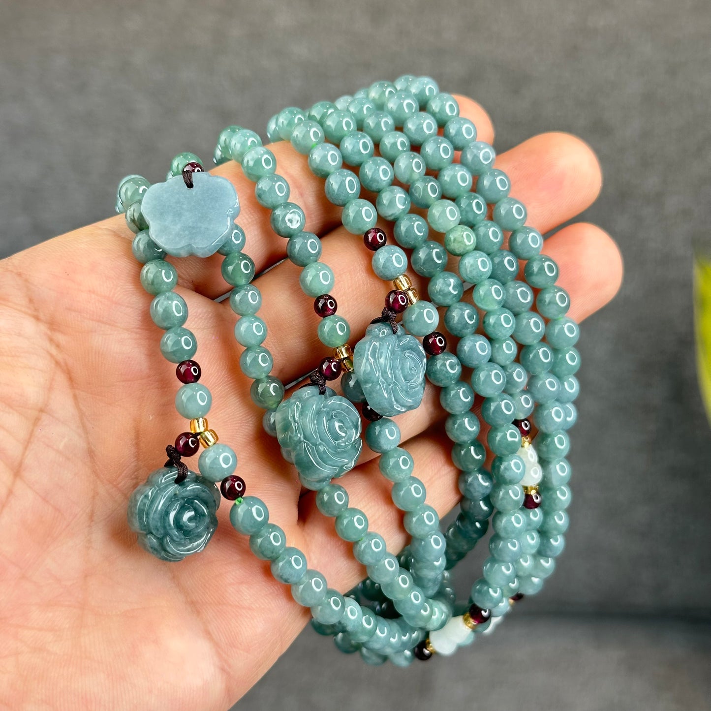 Natural Water Green Jadeite Jade Necklace mixed with Garnet and Flower Jadeite Jade Beads Size 6 mm
