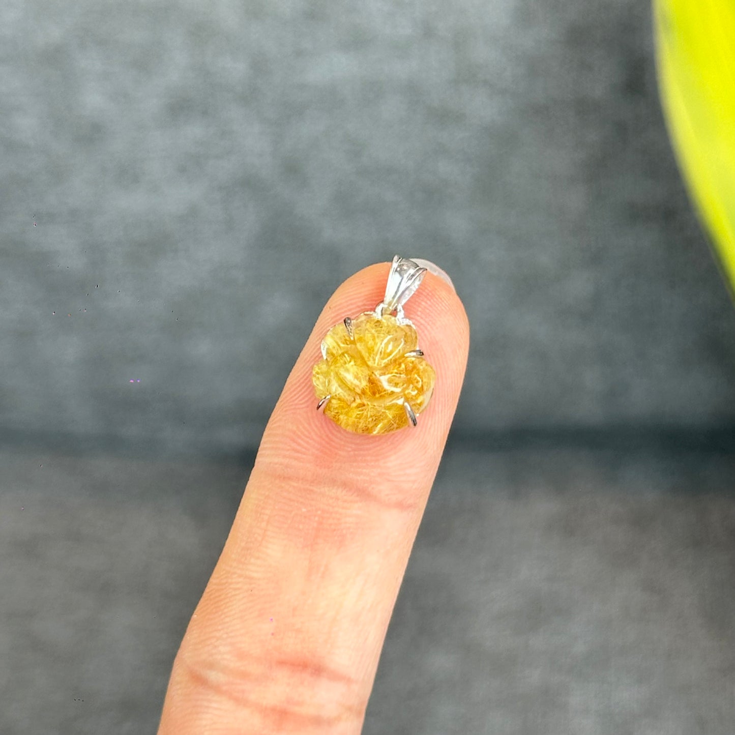 Natural Golden Rutilated Quartz Ho Ly Pendant In Silver with White Gold Platting Setting