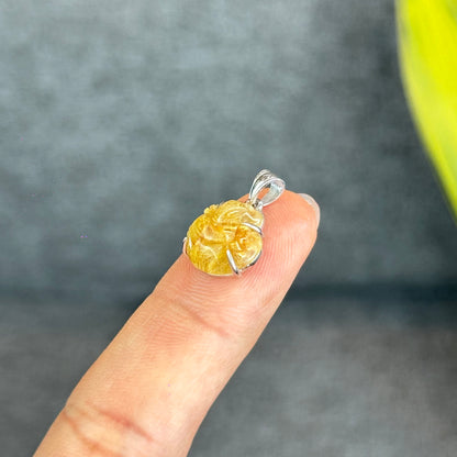 Natural Golden Rutilated Quartz Ho Ly Pendant In Silver with White Gold Platting Setting