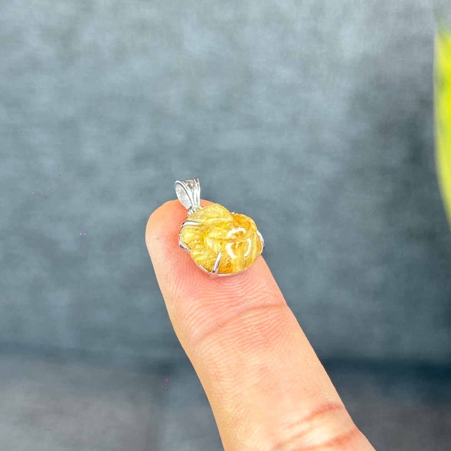 Natural Golden Rutilated Quartz Ho Ly Pendant In Silver with White Gold Platting Setting