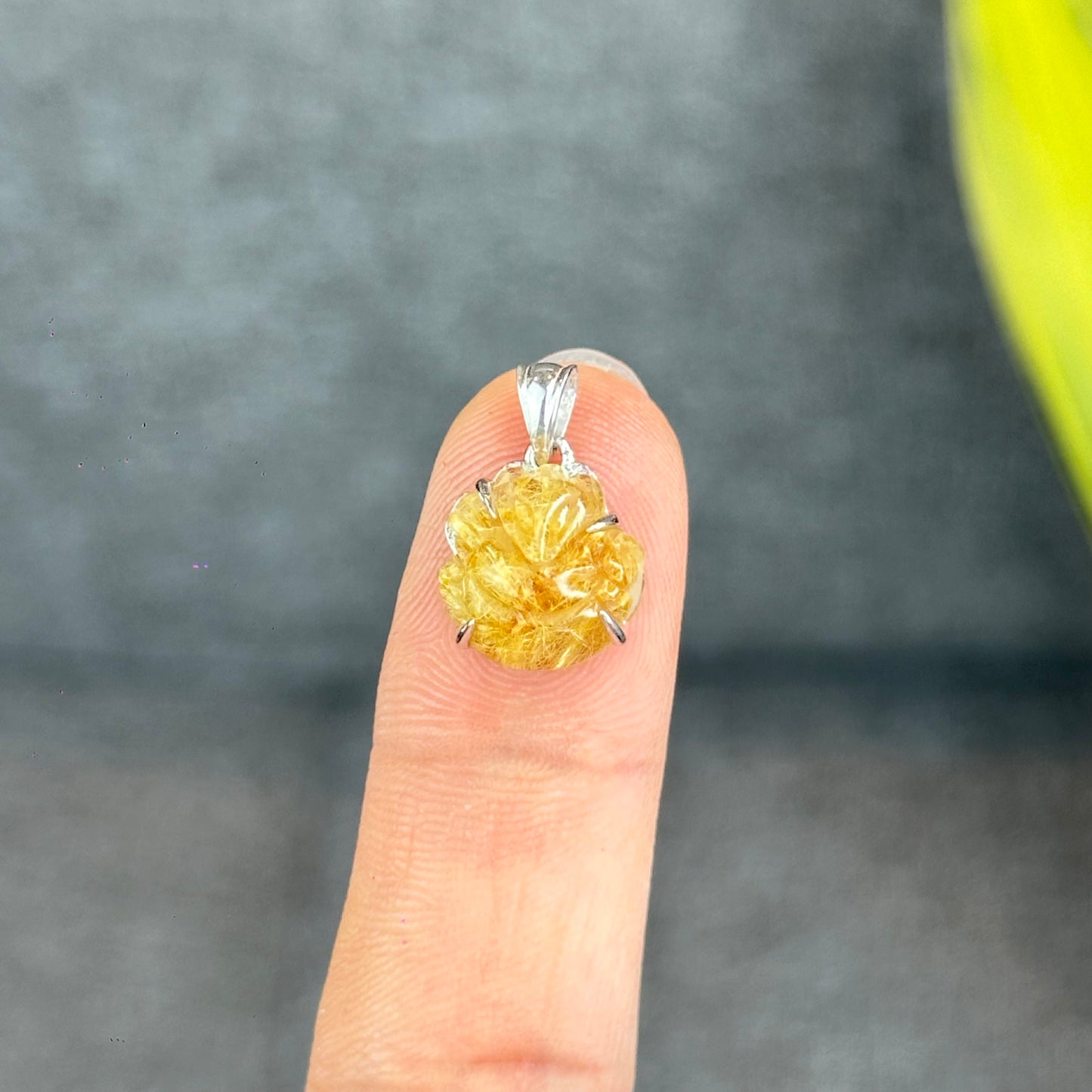 Natural Golden Rutilated Quartz Ho Ly Pendant In Silver with White Gold Platting Setting