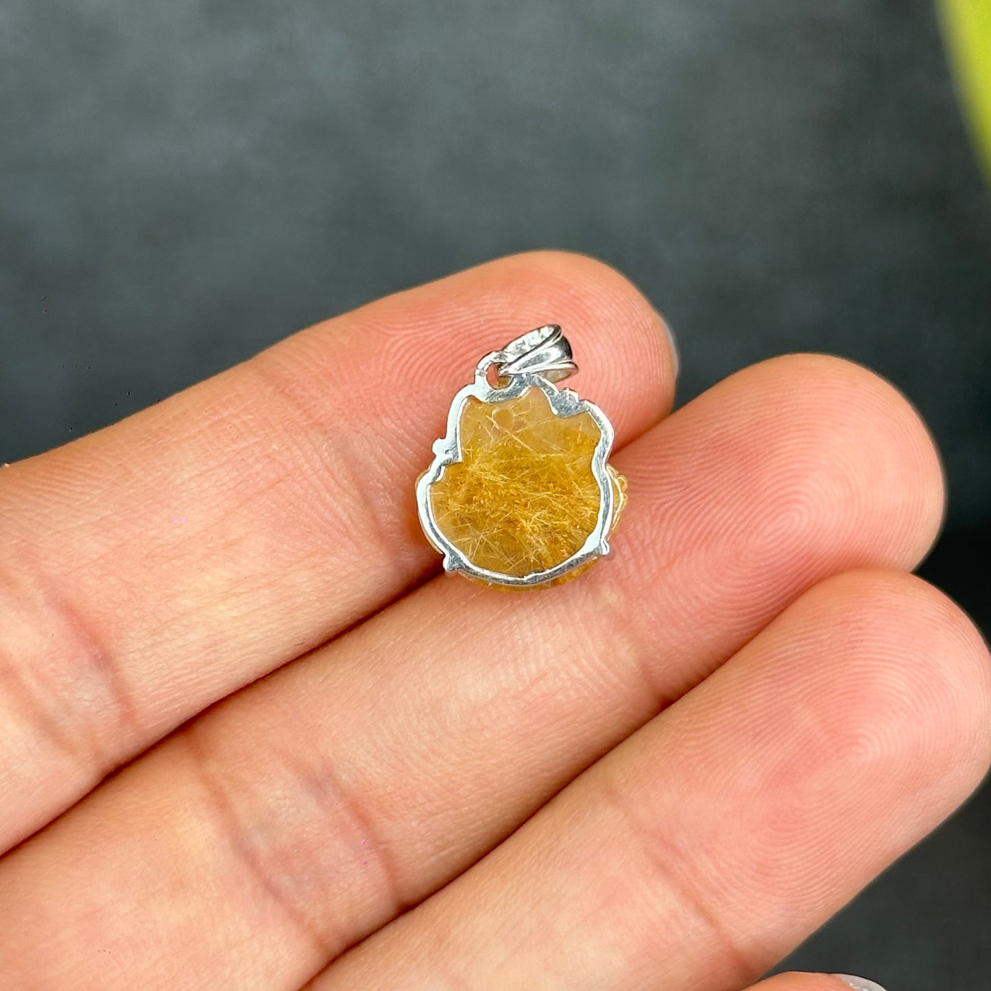 Natural Golden Rutilated Quartz Ho Ly Pendant In Silver with White Gold Platting Setting