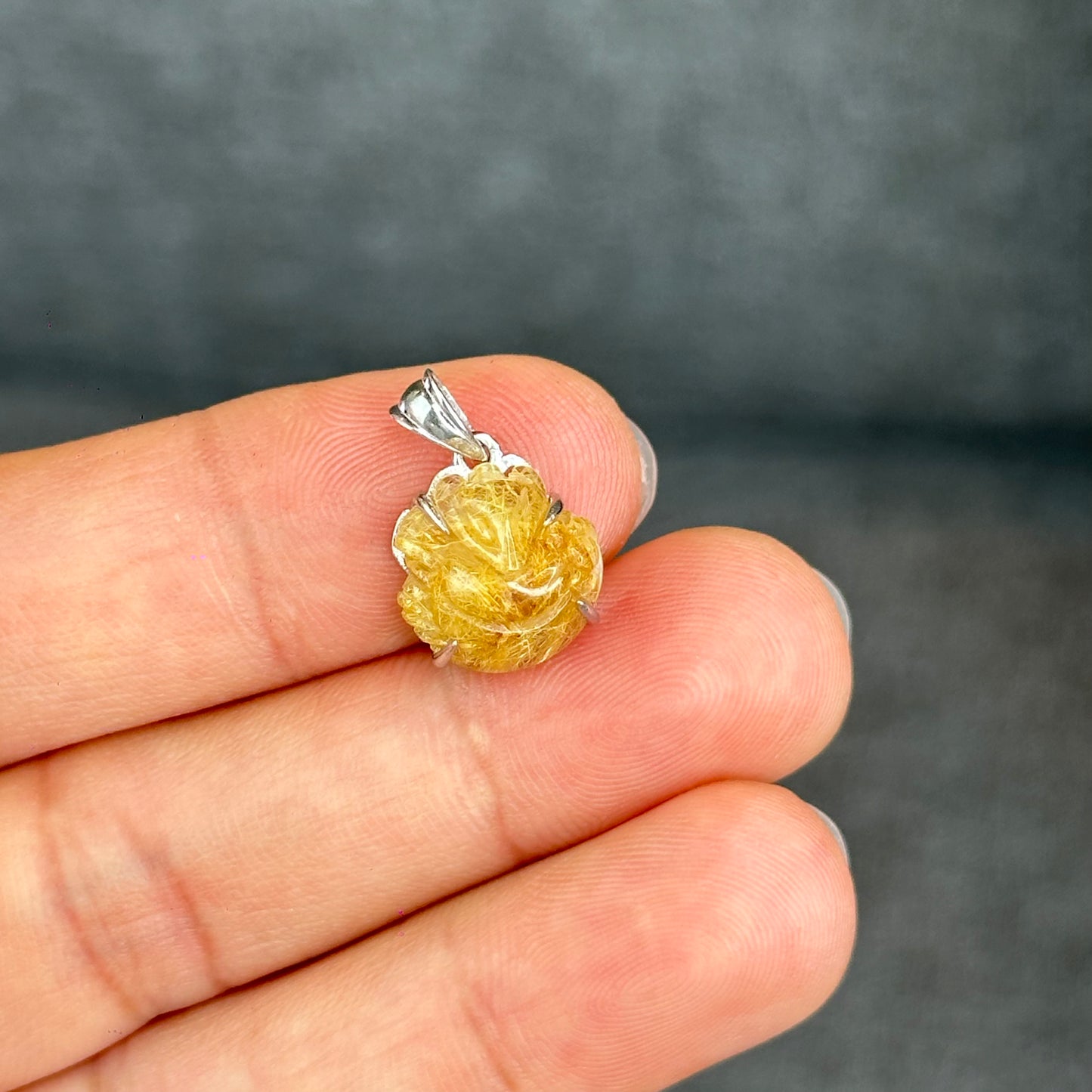 Natural Golden Rutilated Quartz Ho Ly Pendant In Silver with White Gold Platting Setting