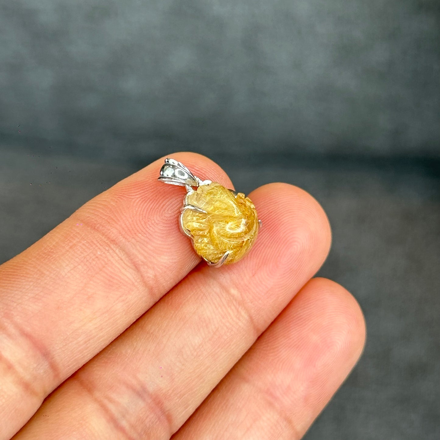 Natural Golden Rutilated Quartz Ho Ly Pendant In Silver with White Gold Platting Setting