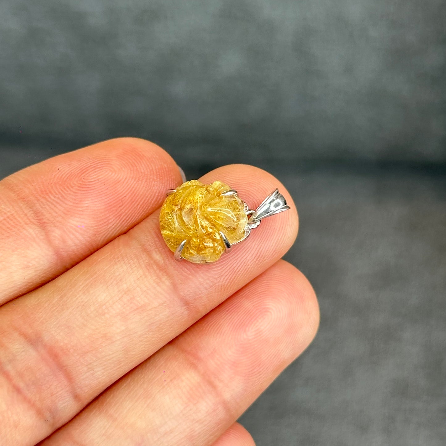 Natural Golden Rutilated Quartz Ho Ly Pendant In Silver with White Gold Platting Setting