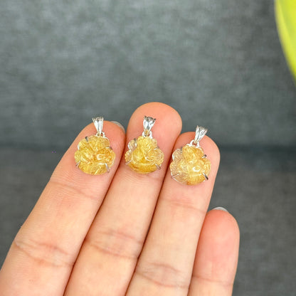 Natural Golden Rutilated Quartz Ho Ly Pendant In Silver with White Gold Platting Setting