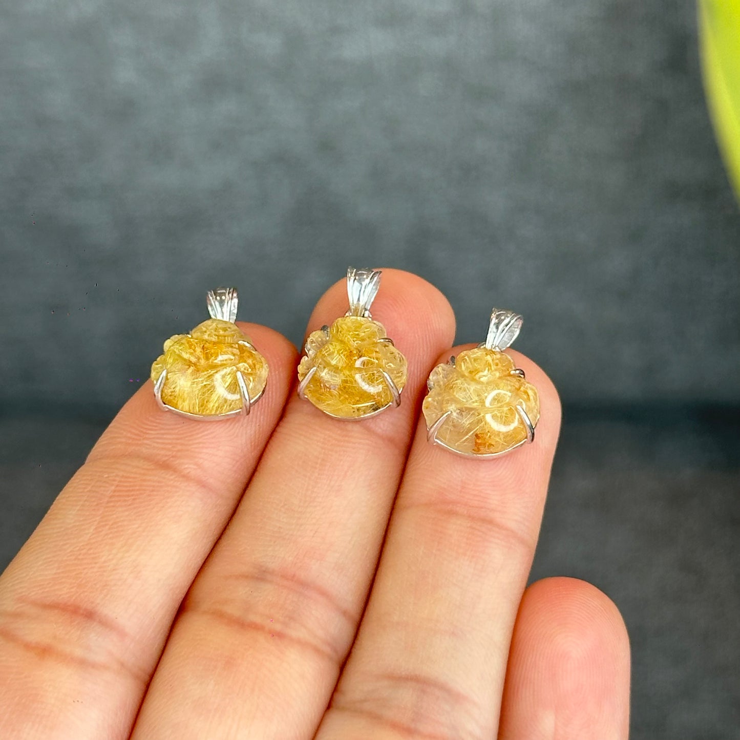 Natural Golden Rutilated Quartz Ho Ly Pendant In Silver with White Gold Platting Setting