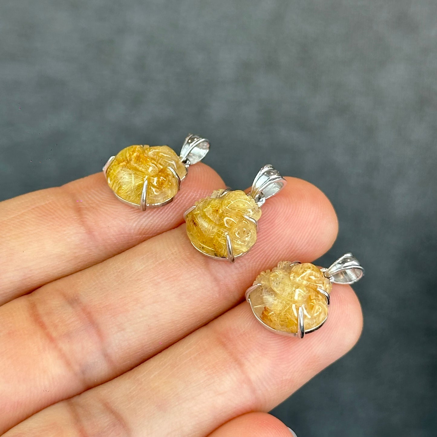 Natural Golden Rutilated Quartz Ho Ly Pendant In Silver with White Gold Platting Setting