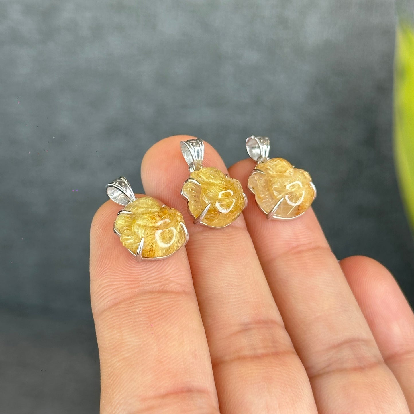 Natural Golden Rutilated Quartz Ho Ly Pendant In Silver with White Gold Platting Setting