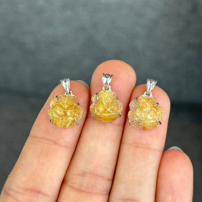Natural Golden Rutilated Quartz Ho Ly Pendant In Silver with White Gold Platting Setting