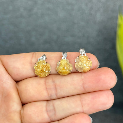 Natural Golden Rutilated Quartz Ho Ly Pendant In Silver with White Gold Platting Setting