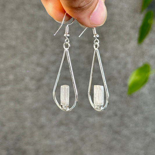 Natura Selenite Tear Drop Dangling Earrings in Silver Platting