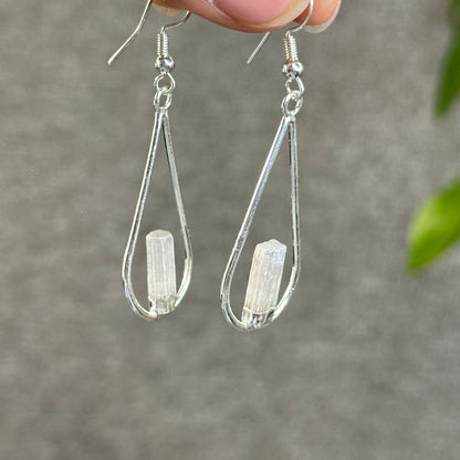 Natura Selenite Tear Drop Dangling Earrings in Silver Platting