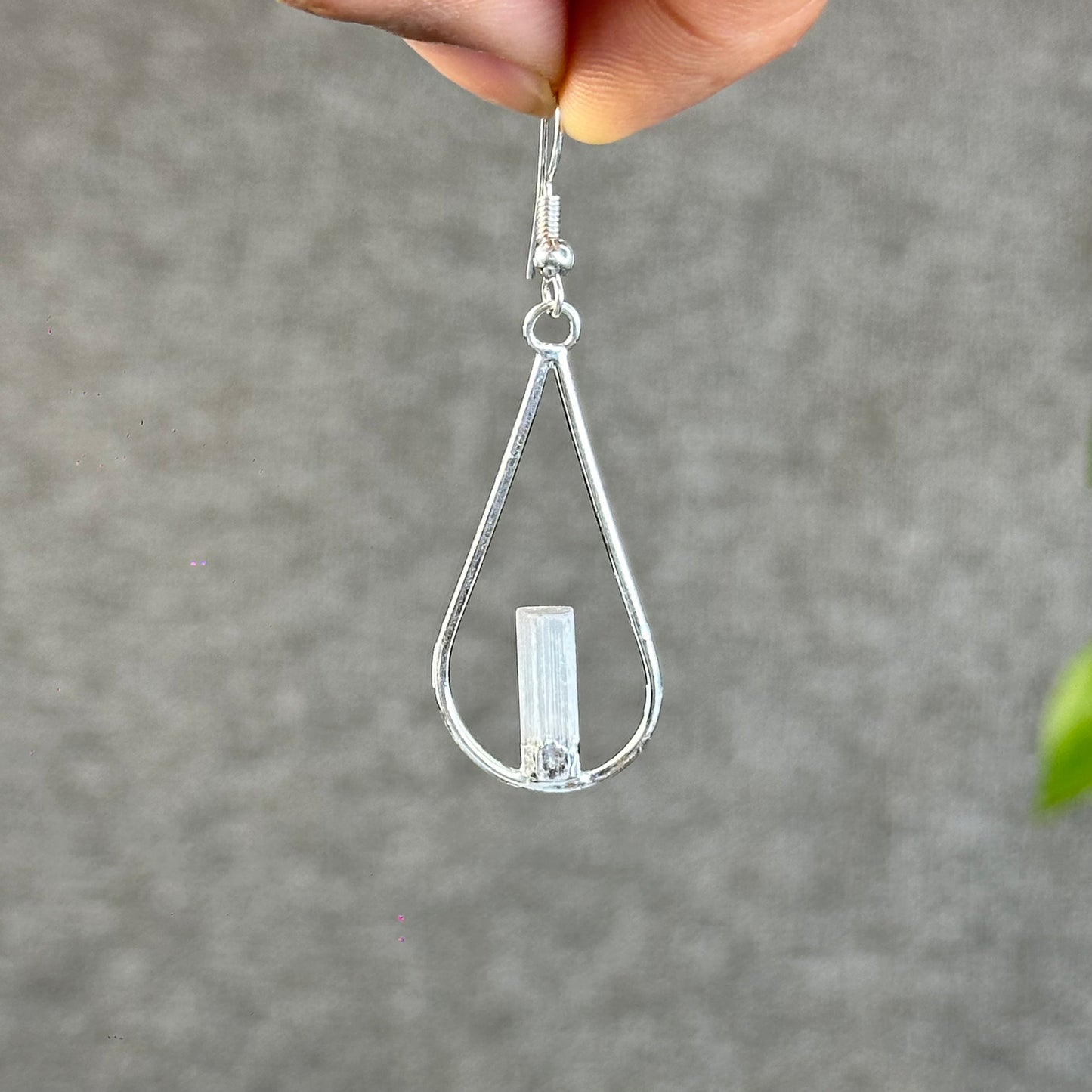 Natura Selenite Tear Drop Dangling Earrings in Silver Platting