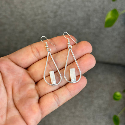 Natura Selenite Tear Drop Dangling Earrings in Silver Platting