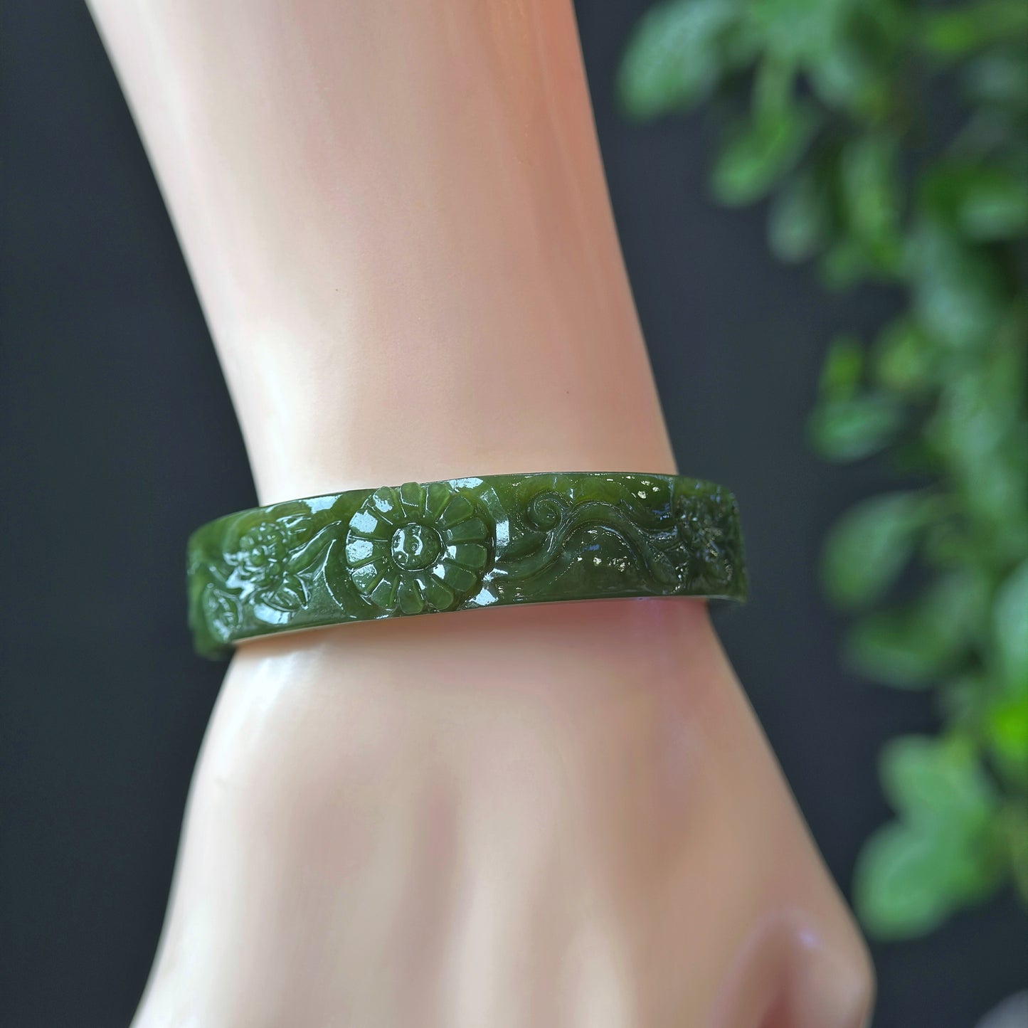 Flower Carving Natural Nephrite Jade VIP Bangle Square Style Size 52 mm