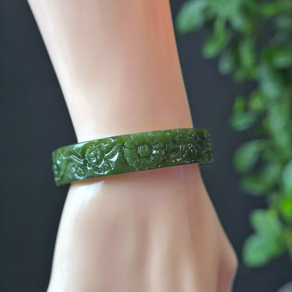 Flower Carving Natural Nephrite Jade VIP Bangle Square Style Size 52 mm