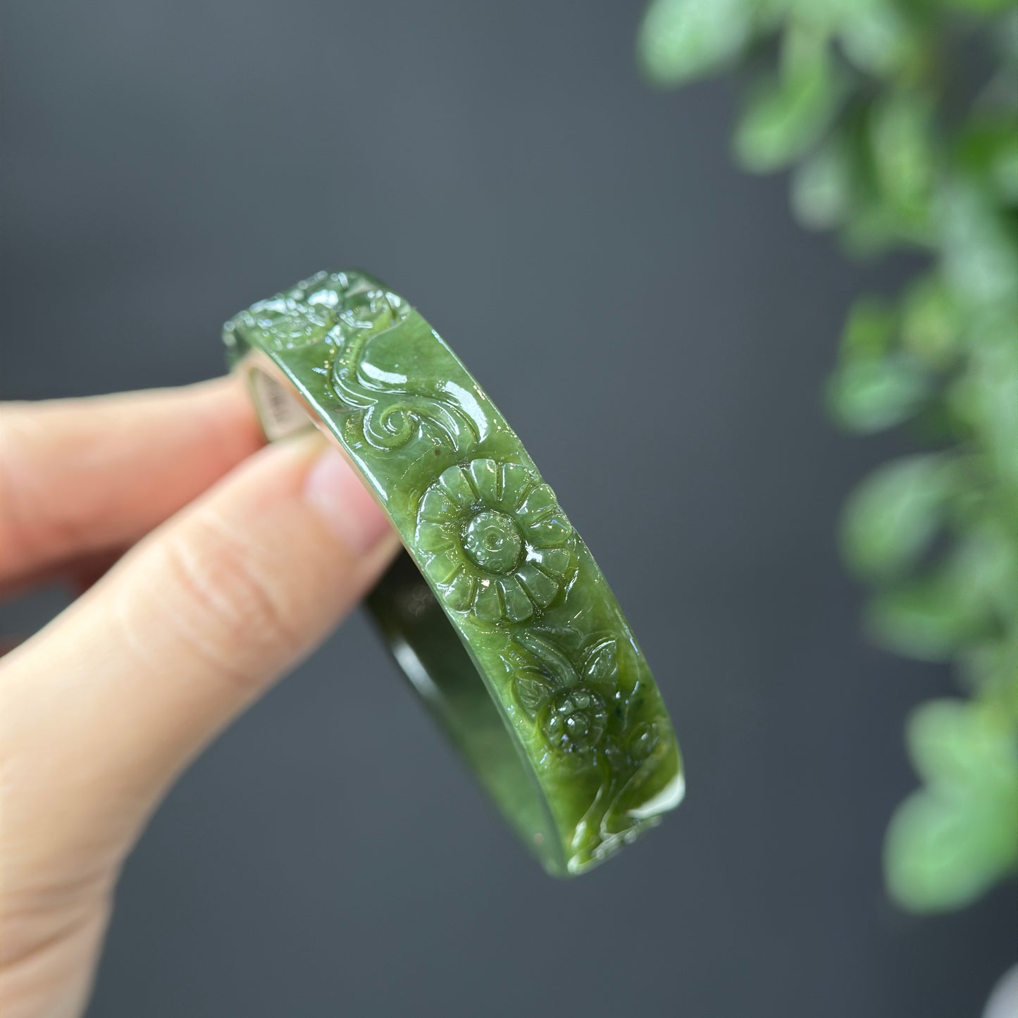 Flower Carving Natural Nephrite Jade VIP Bangle Square Style Size 52 mm