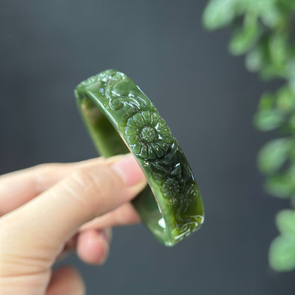 Flower Carving Natural Nephrite Jade VIP Bangle Square Style Size 52 mm